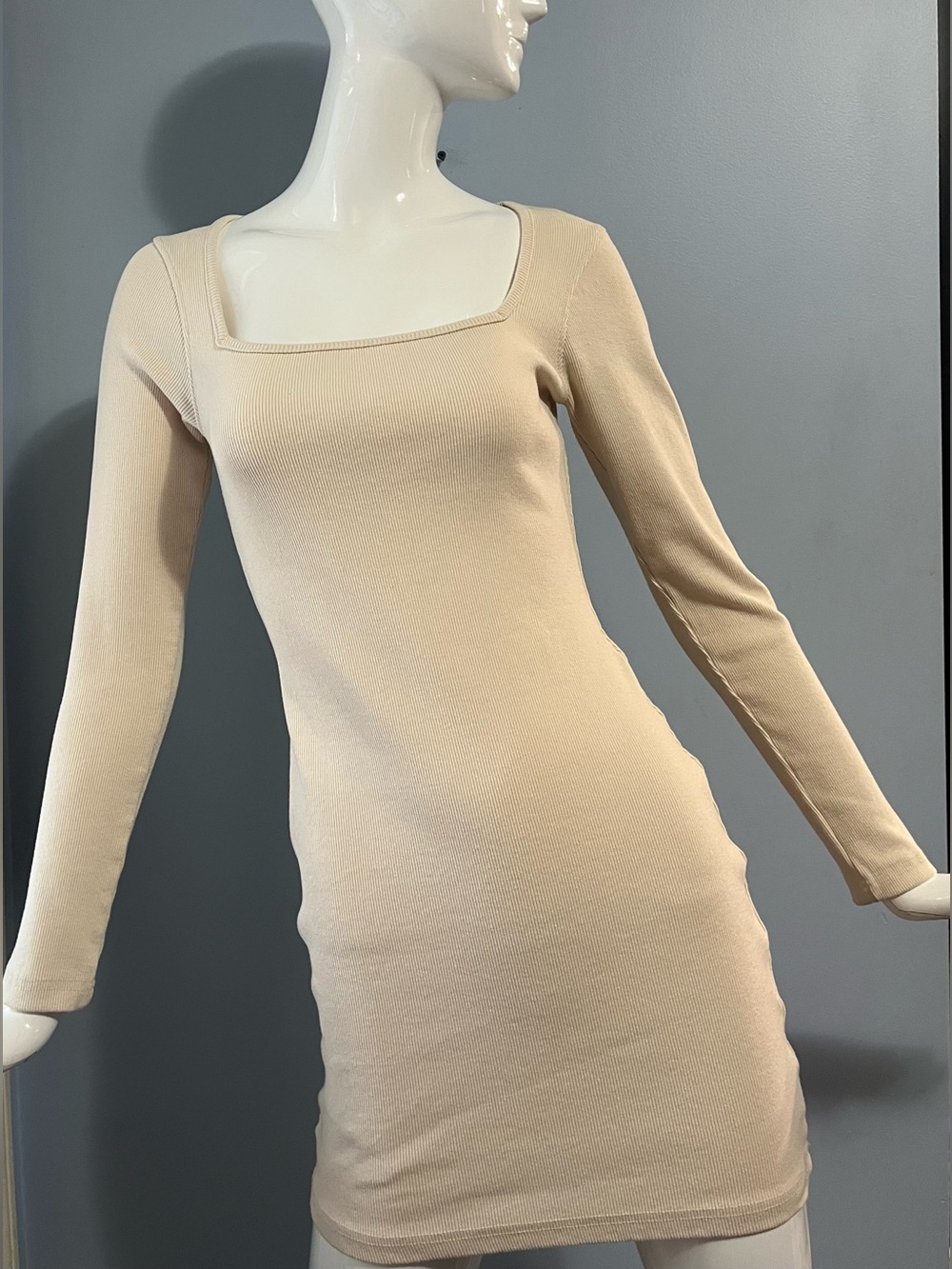 Nasty Gal Cream Cotton Blend Square Neck Ribbed Bodycon Mini Dress Size 6
